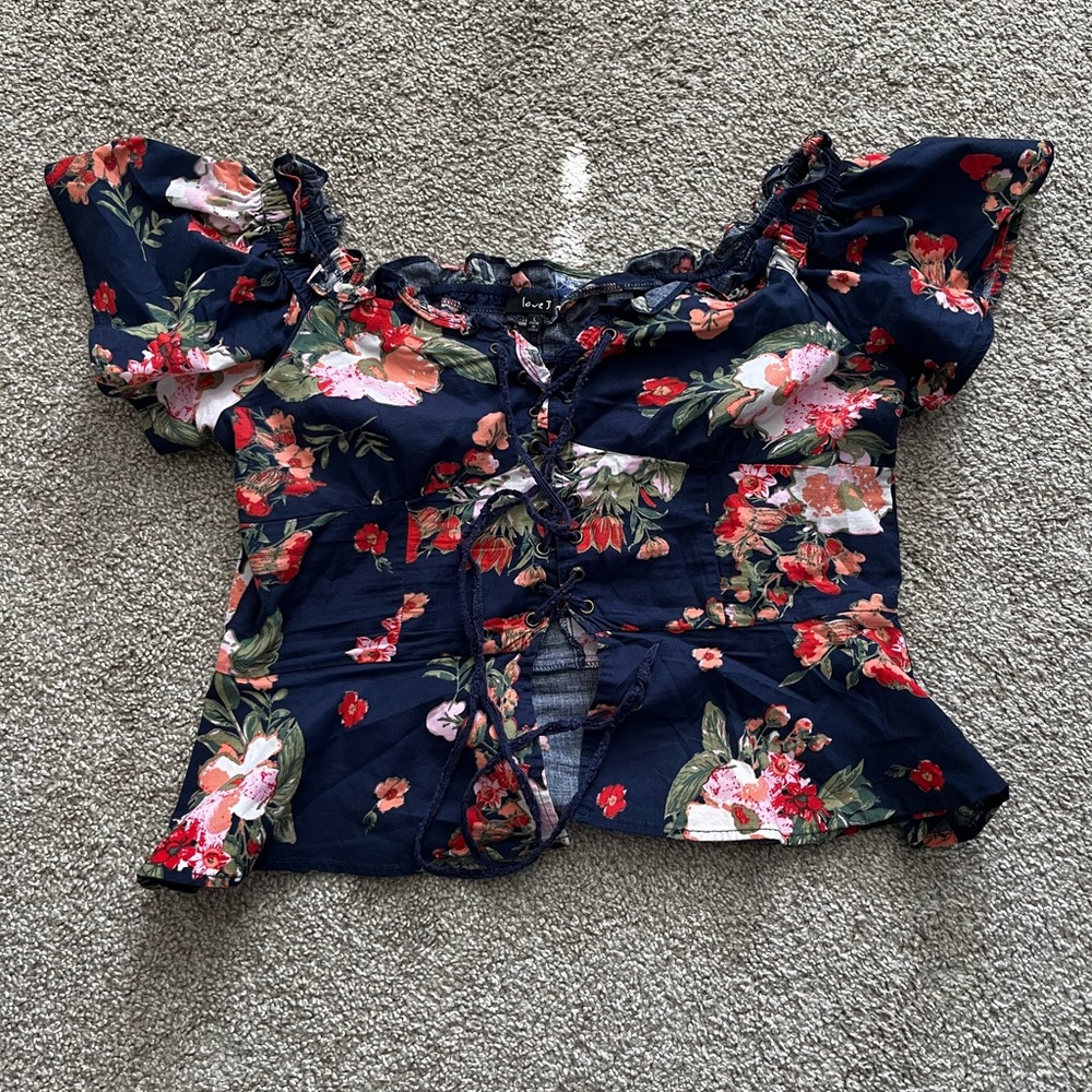Love J Blue and Pink Ruffled Ruched Blouse